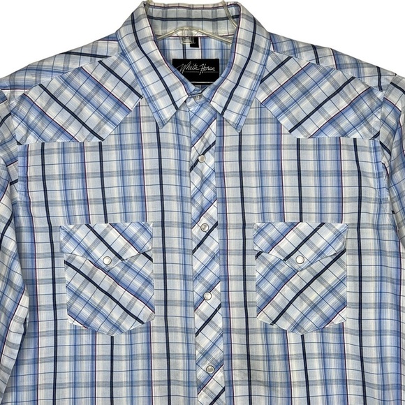 White Horse Mens Blue Plaid Western Pearl Snap Buttons Long Sleeve Shirt Large - Picture 3 of 11
